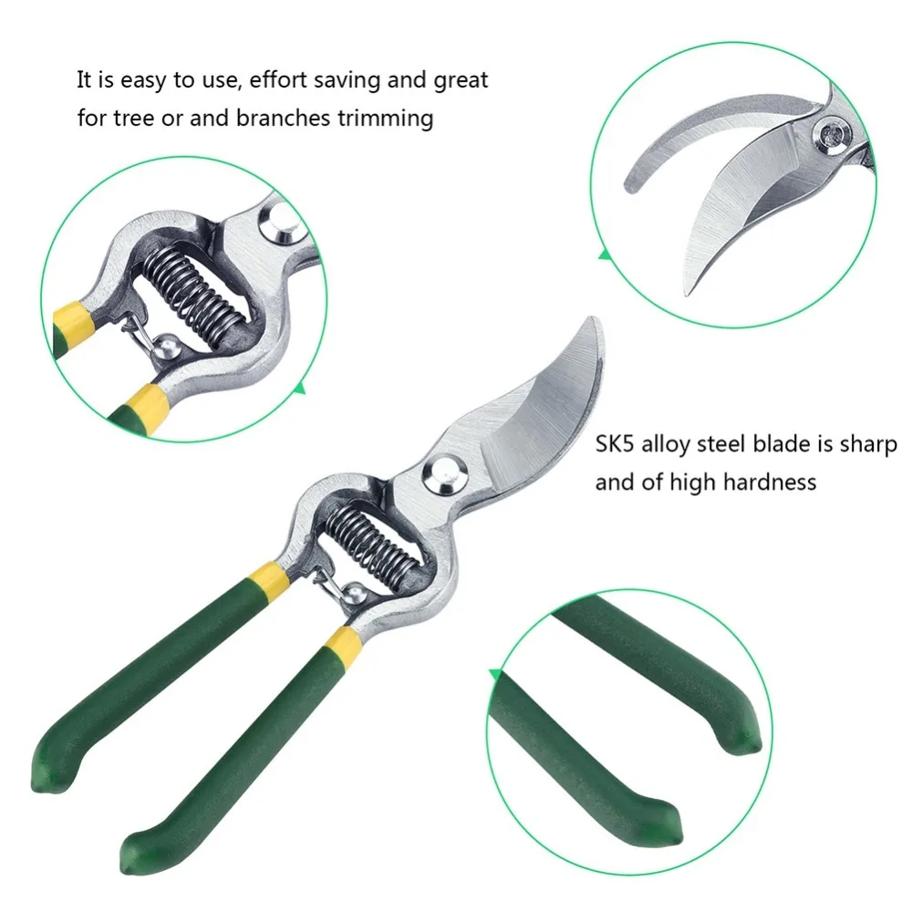 High Carbon Steel Pruning Shears Double-Sided Polished Black and Green Bypass Pruners Safety Lock Soft Coated Handle