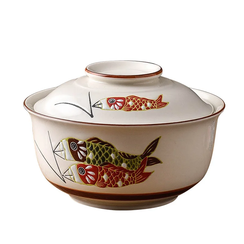 Japanese Ceramic Soup Bowl With Lid Instant Noodle Bowl Ramen Bowl Tableware Microwaveable Supplies