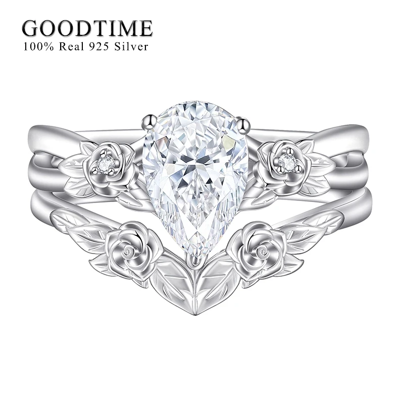 

Luxury Ring Set For Women Pure 100% 925 Sterling Silver 1.5ct Waterdrop Zircon Band Anniversary Jewelry Flower Wedding Ring