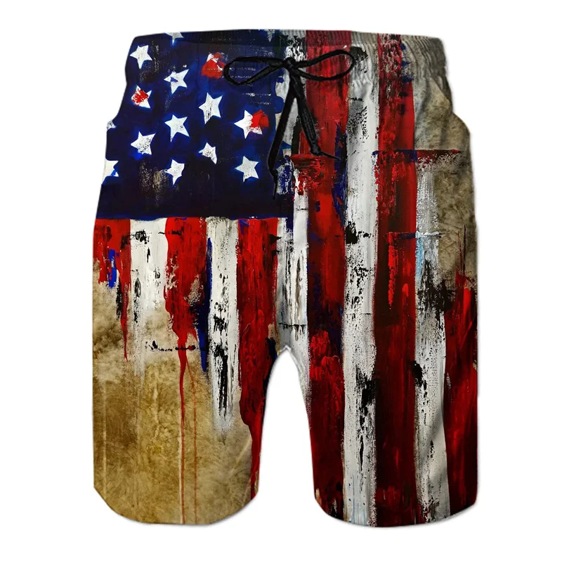 Retro USA Flag 3d Print Beach Shorts Men Boys Summer Surf Board Shorts Street Short Pants Casual Drawstring Swimming Trunks