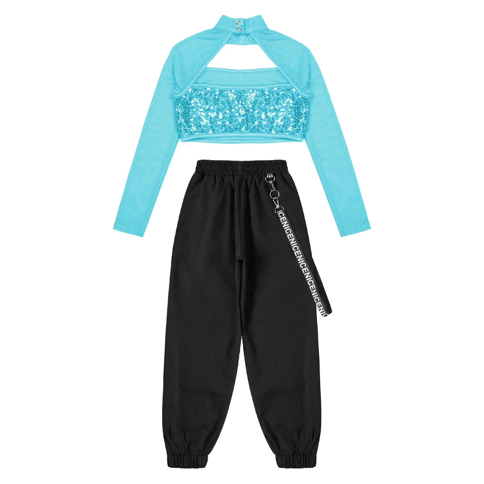 Children Girls Hip Hop Jazz Street Dance Costume Long Sleeve Shiny Sequin Cutout Crop Top with Chain Pants Performance Dancewear