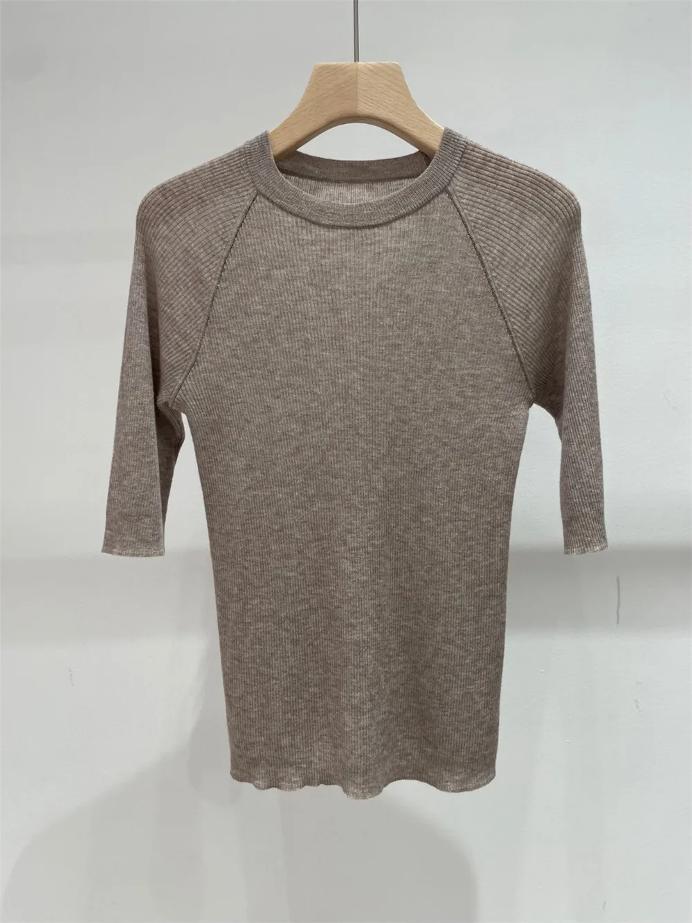 Casual Half Sleeves Knitted Top O- Neck Beaded High-Elastic T-Shirt High Quality Women's Clothing