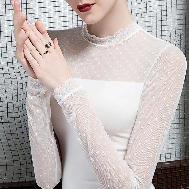 MadBlack – europäisches Damen-T-Shirt, sexy Stand-Spitzen-Patchwork, Streetwear, langärmelig, schmales S-3XL-T-Shirt, 2025, Winter, neu T5D441CC