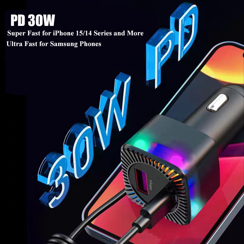 280W USB C Car Charger Adapter with Spring Cable Colorful Light PD 30W  3 in 1 Super Fast Charging for Macbook Samsung iPhone