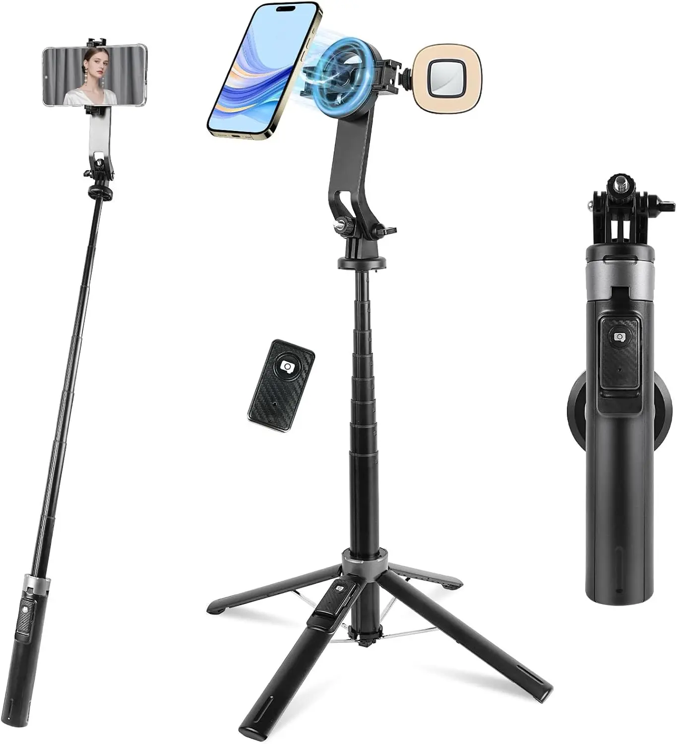

Магнитный штатив для селфи-палки с 2 светодиодами, перезаряжаемый пульт дистанционного управления 52 дюйма для iPhone 16/15/14/13/12, GoPro и камер