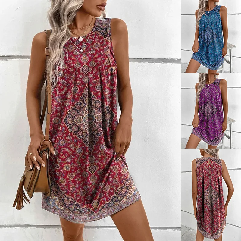 Vintage Women Sleeveless Geometry Printed Ethnic Style Dress Summer Tank Beach Loose Mini Dress Casual Fashion Clothing Vestidos