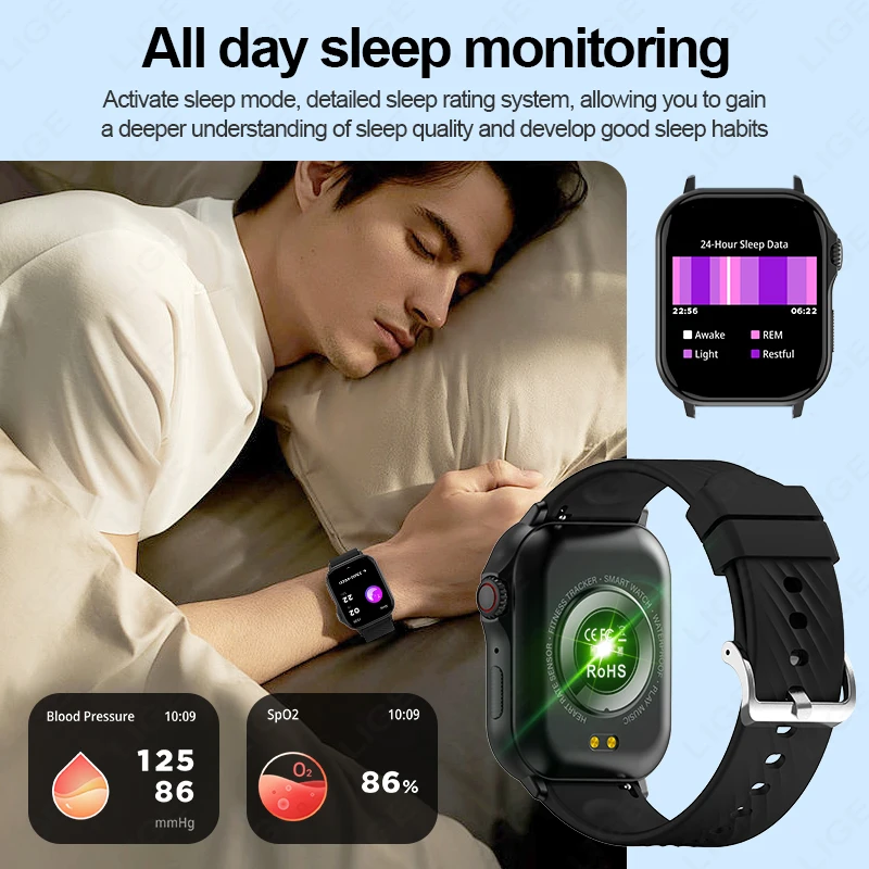 LIGE GPS Smart Watch 2.13-Inch HD Full Color Screen 100+Sports Mode Smartwatch GPS Motion Tracking Heart Rate Monitoring Outdoor