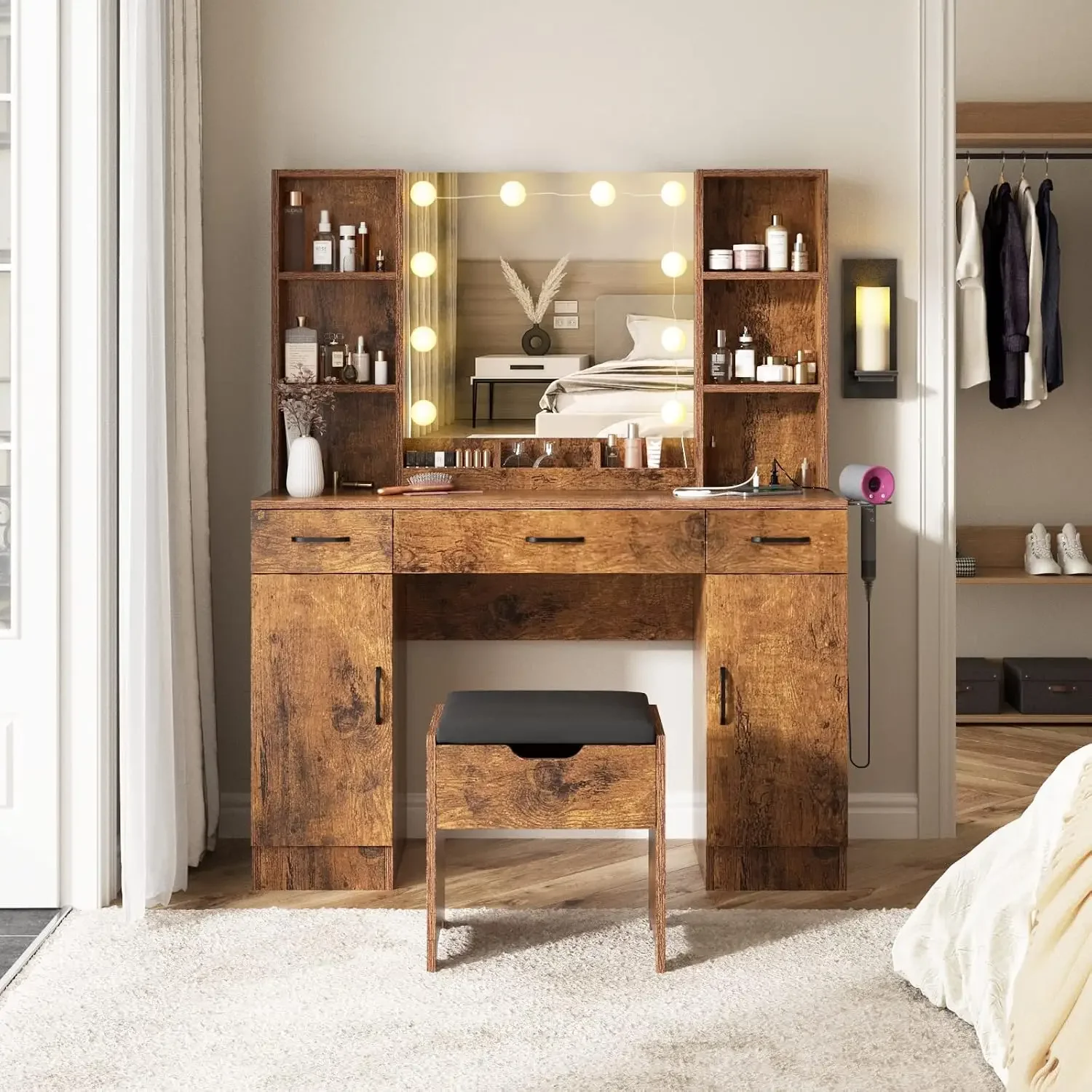 Vabches Makeup Vanity Desk with Lighted Mirror & Power Strip, Large Brown Vanity Table Set Rustic Farmhouse Style with Storage S