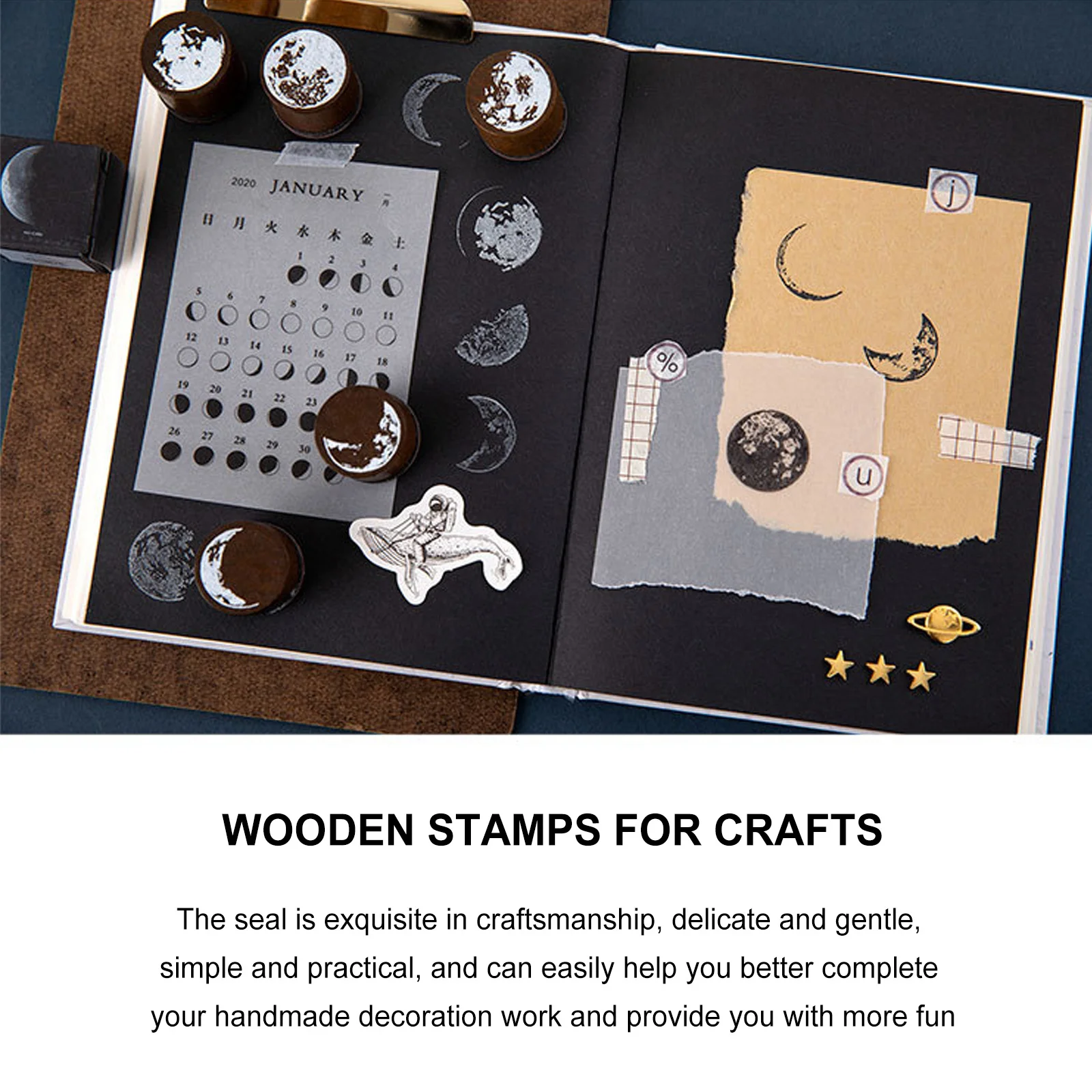 

7Pcs Wooden Moon Stamps Set Moon Phase Seal for Albums Journals Letters DIY Crafts Retro Wood Block Printing Decor
