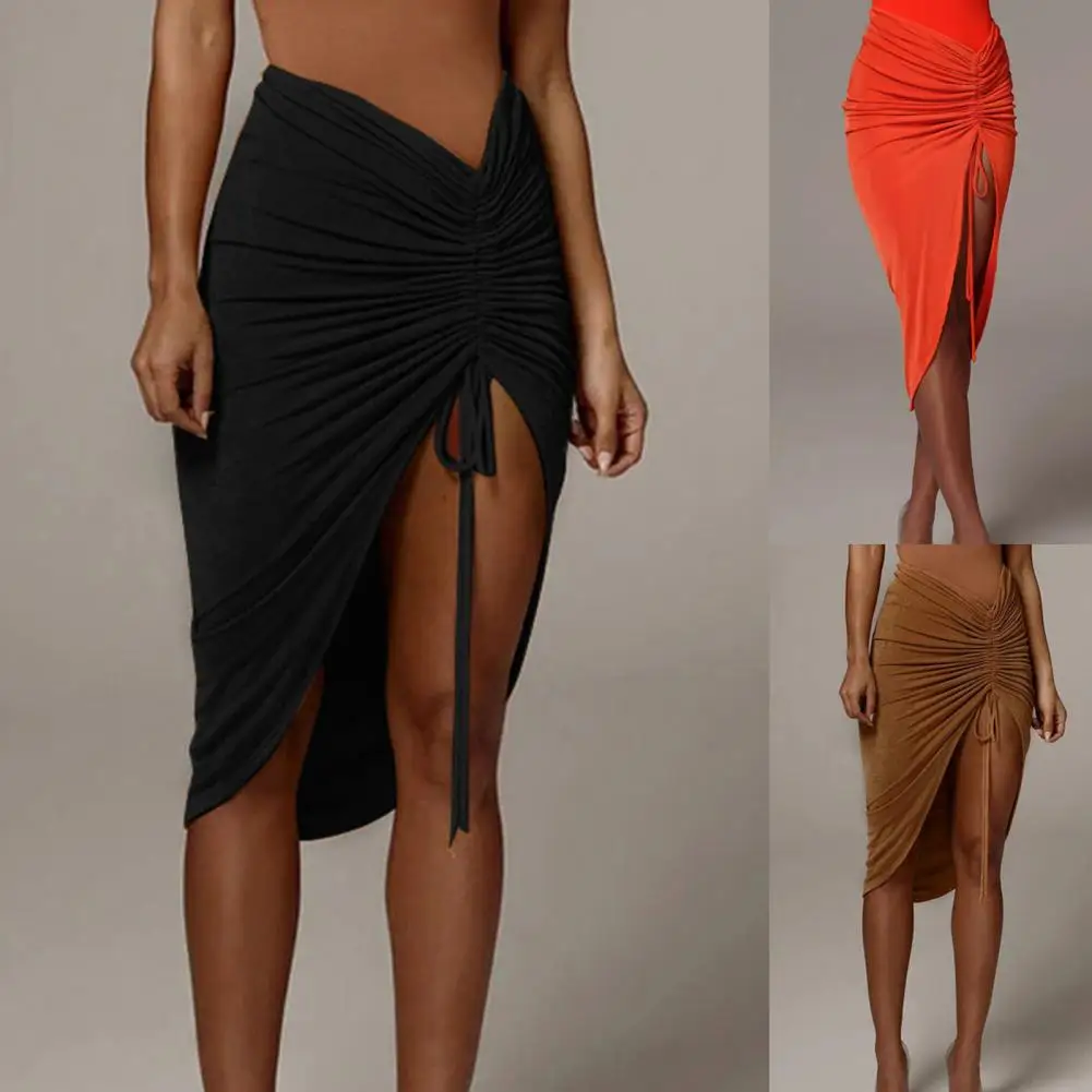 Bodycon Skirt Shirring High Waist Drawstring Asymmetric Sexy Breathable Women Solid Color High Split Irregular Skirt Clubwear