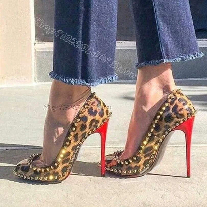 

Leopard Print Rivet Decor Pumps Round Toe Slip on Casual Party British Style Stylish Design Women Shoes 2025 Zapatos Para Mujere