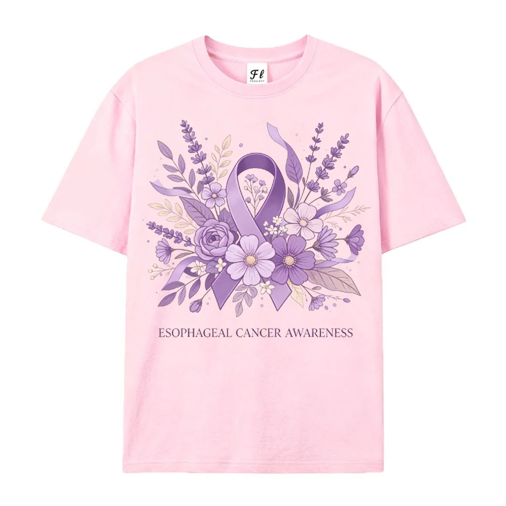 Women Purple Ribbon Esophageal Cancer Awareness Graphic T Shirt Floral Ribbon Short Sleeve Casual Top Support  ﻿