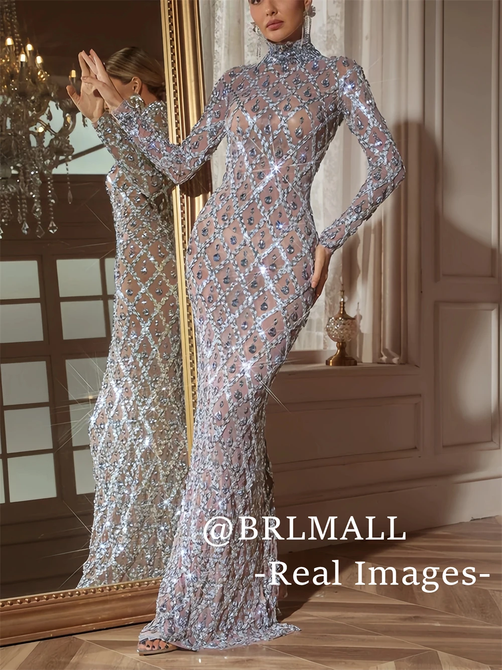

BRLMALL Full Sleeves Illusion Prom Dress High Neck Long Sheath Evening Dresses Real Images Wedding Party Gowns Many Colors