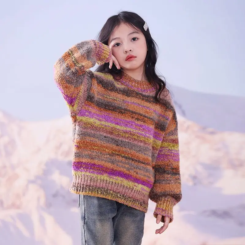 5-15Y Children's O-neck Long Sleeve Sweaters Autumn Winter Striped Rainbow Knitwear for Girls Kid's Fashion Clothes H147-30