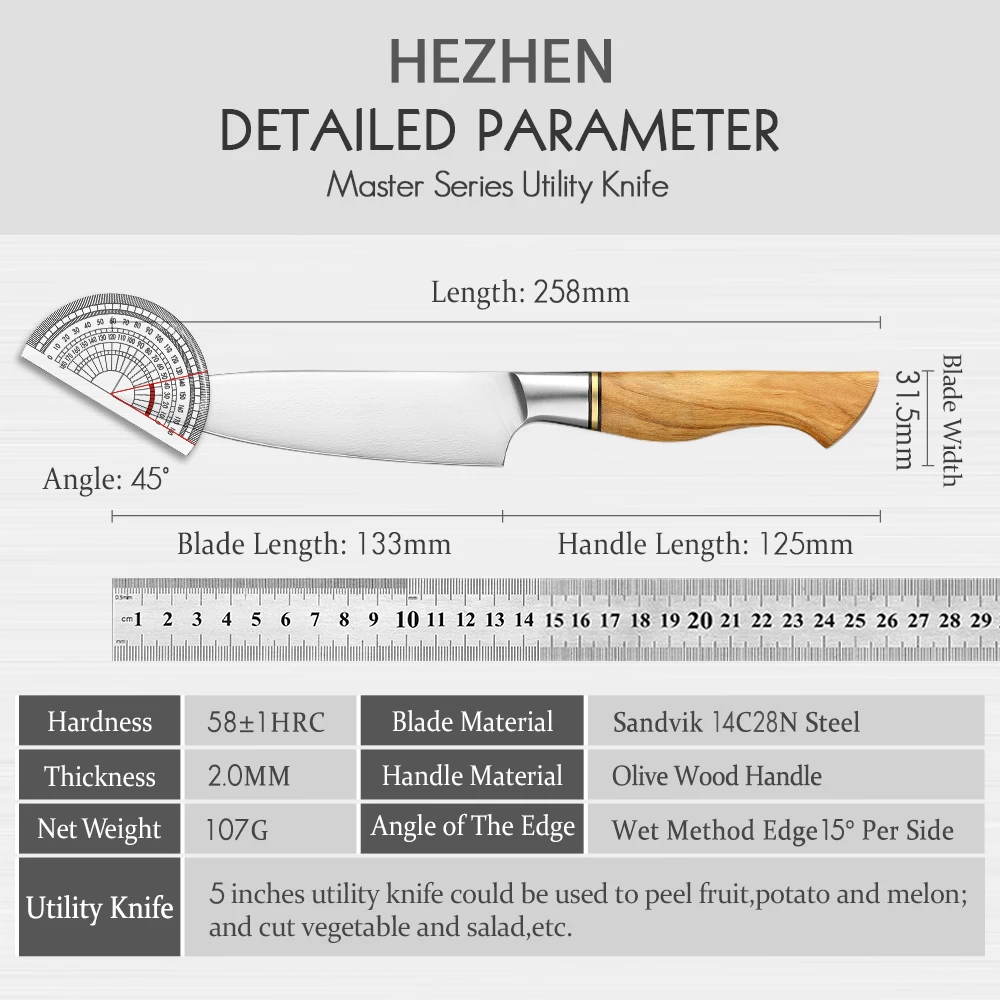 HEZHEN Master Series 5 Inches Sandvik 14C28N Steel Utility Knife Kitchen  Knives Olive Wood Handle cut vegetable and salad