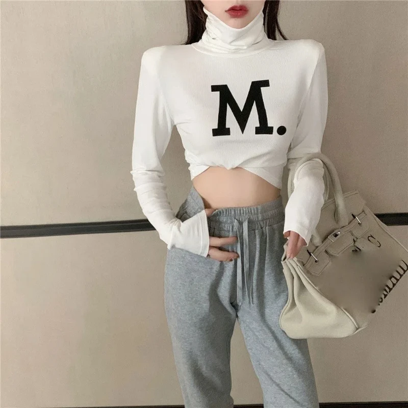 Koreańskie Slim Printing Letter Tops Tees Spring New Long Sleeve Simplicity Solid Color Trend T Shirts Fashion Y2K Odzież damska