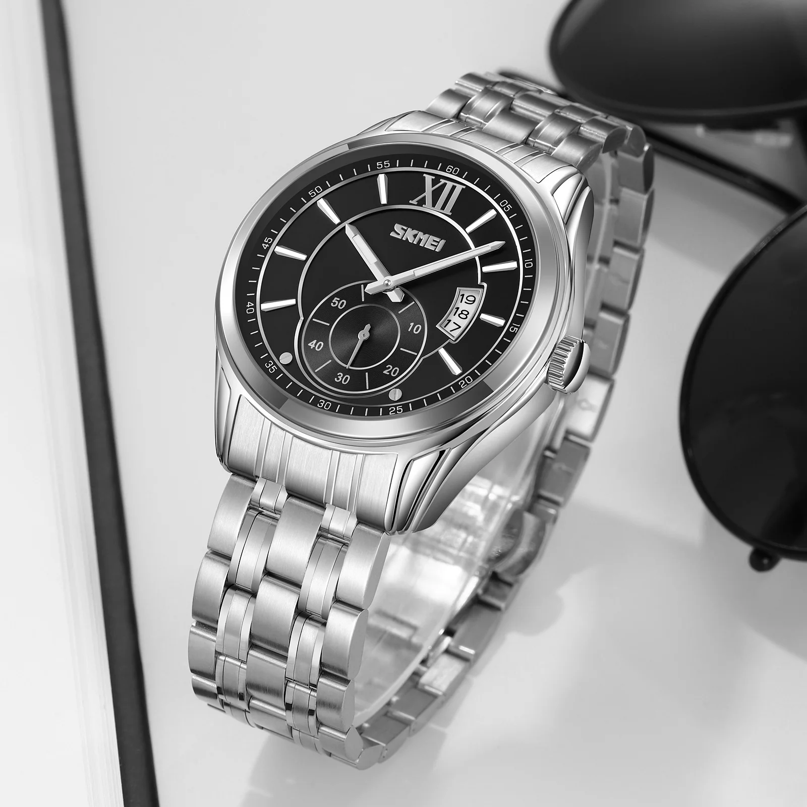 SKMEI موضة الرجال كامل الصلب القمر المرحلة ساعات كوارتز رجالي ذكر تاريخ غير رسمي مقاوم للماء مضيئة الأيدي ساعة اليد للرجال #4