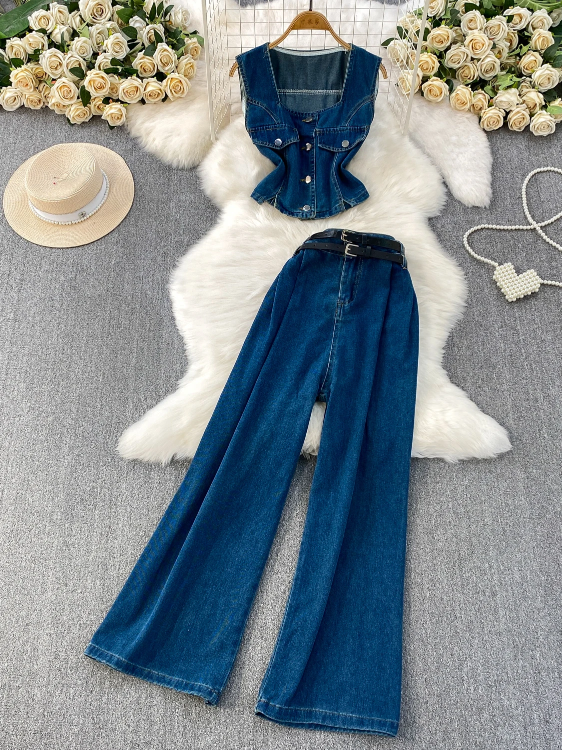 

Комплект из джинсового топа-жилетки и длинных брюк с высокой талией и поясом для молодых женщин, зимний повседневный стиль, Гонконг