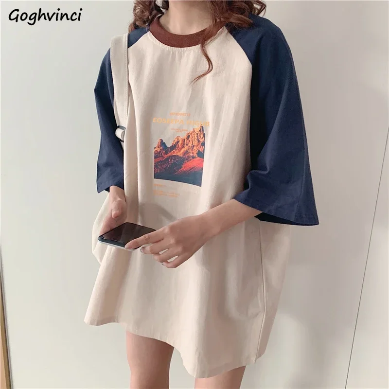 T-shirts Women Long Patchwork Graphic O-neck Three Quarter Sleeve Korean Preppy Style Design Elegant Ladies Kawaii Girls Hipster