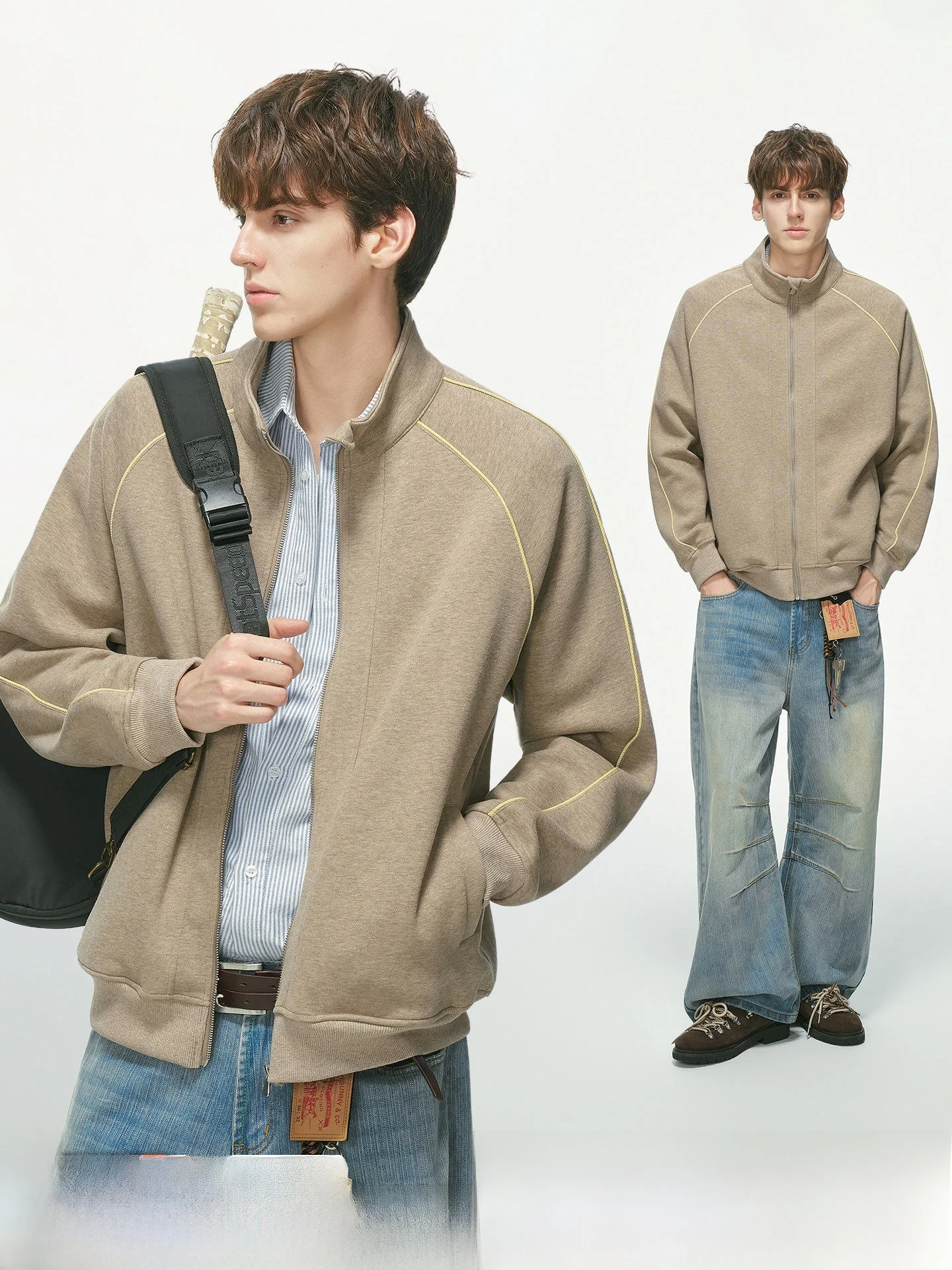 Retro American Zipper Collar Cardigan Sweatshirt Men's Women's Autumn Commuting Splicing Windproof Jacket Youth Casual Cotton