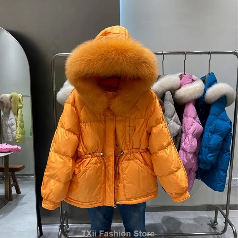 Korean New Winter Women White Duck Down Jacket Real Large Fox Fur Collar Coat Thick Warm Streetwear Female Parka Snow Outwear