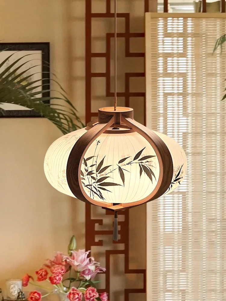 

Song Dynasty aesthetic painting bamboo leaf solid wood fabric designer small chandelier Zen restaurant tea room atmosphere light