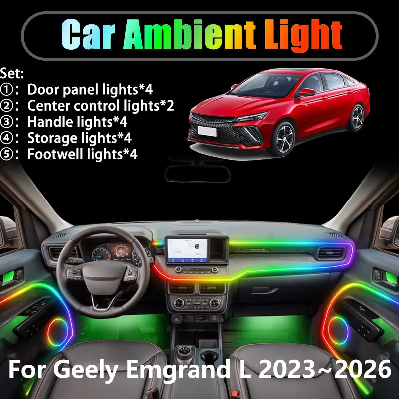

For Geely Emgrand L FE-5 MK2 2023~2026 2/18 in 1 Car ambient lighting Led trunk interior led lights USB RGB Ensemble Streamer