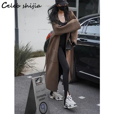 Thicken Loose Knitted Cardigan Women Pocket Winter  Streetwear Chic Woolen Long Cardigan Ladies Korean Knitwear Coat Autumn