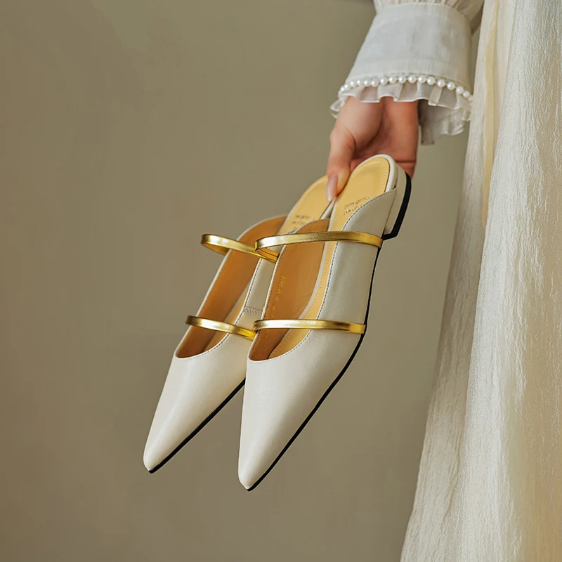 PYUXD 2024 New Women Low Heel Split Leather Flat Slides Ladies Outdoor Pointed Toe Mixed Colors Casual Slippers Zapatillas Mujer