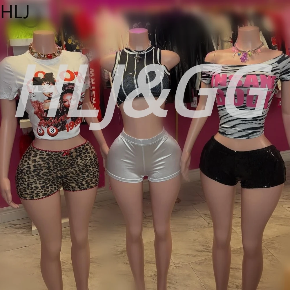 

HLJ Y2K Fashion Pattern Letter Print Tshirts Two Piece Sets Women Round Neck Top + Leopard Shorts Outfits Female 2pcs Streetwear