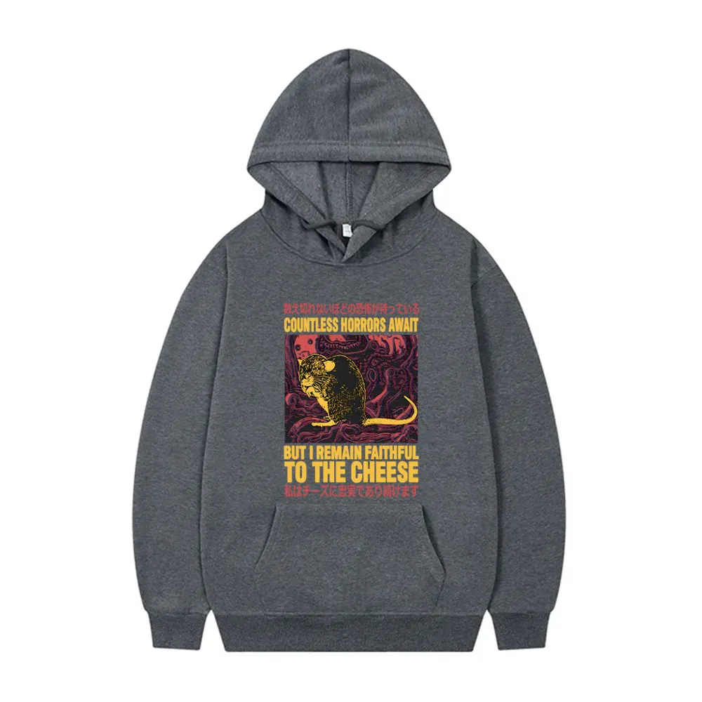 Countless Horrors Await But I Remain Faithful To The Cheese Hoodie Funny Japanese Rat Print Tracksuit Men Casual Vintage Hoodies