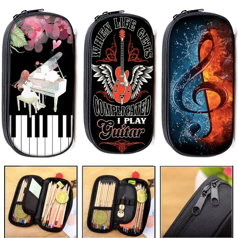 Elegent Music Note Piano / Guitar Cosmetic Case Pen Holder Women Makeup Bag Kids Pencil Box Girl Stationary Bags School Supplies