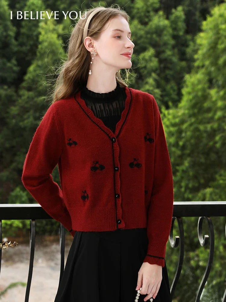 I BELIEVE YOU Red Casual Sweater Knitted Coats for Woman V-neck Office Lady Short Cardigan Fall Clothes 2024 Women 2244125832