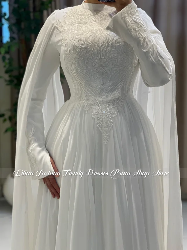 Customised White Embroidered Chiffon Muslim Wedding Dress Formal Islamic Bridal Gown Formal Evening Gown Engagement Dress