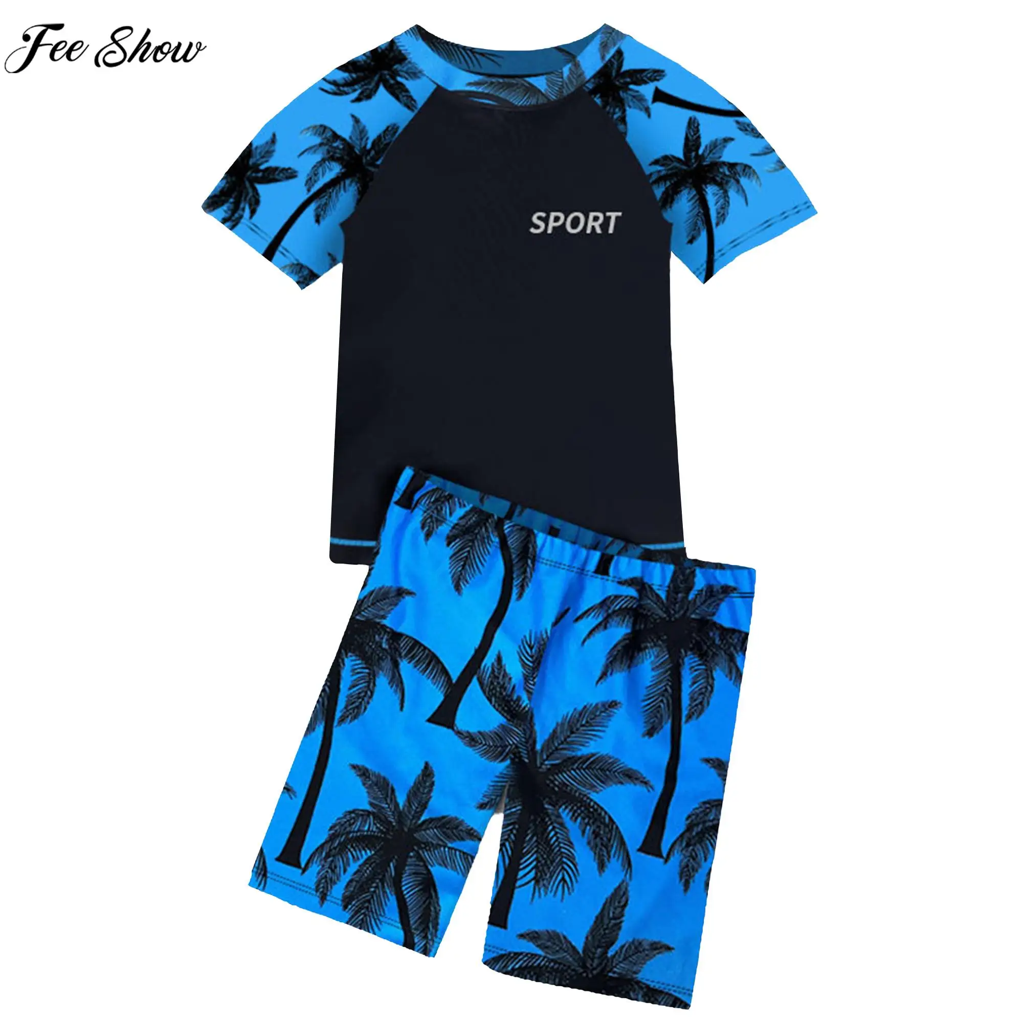 Children Boys Two-piece Swimwear Rash Guard Short Sleeve Tops with Drawstring Shorts Bathing Suit Surfing Swimsuit Sportswear