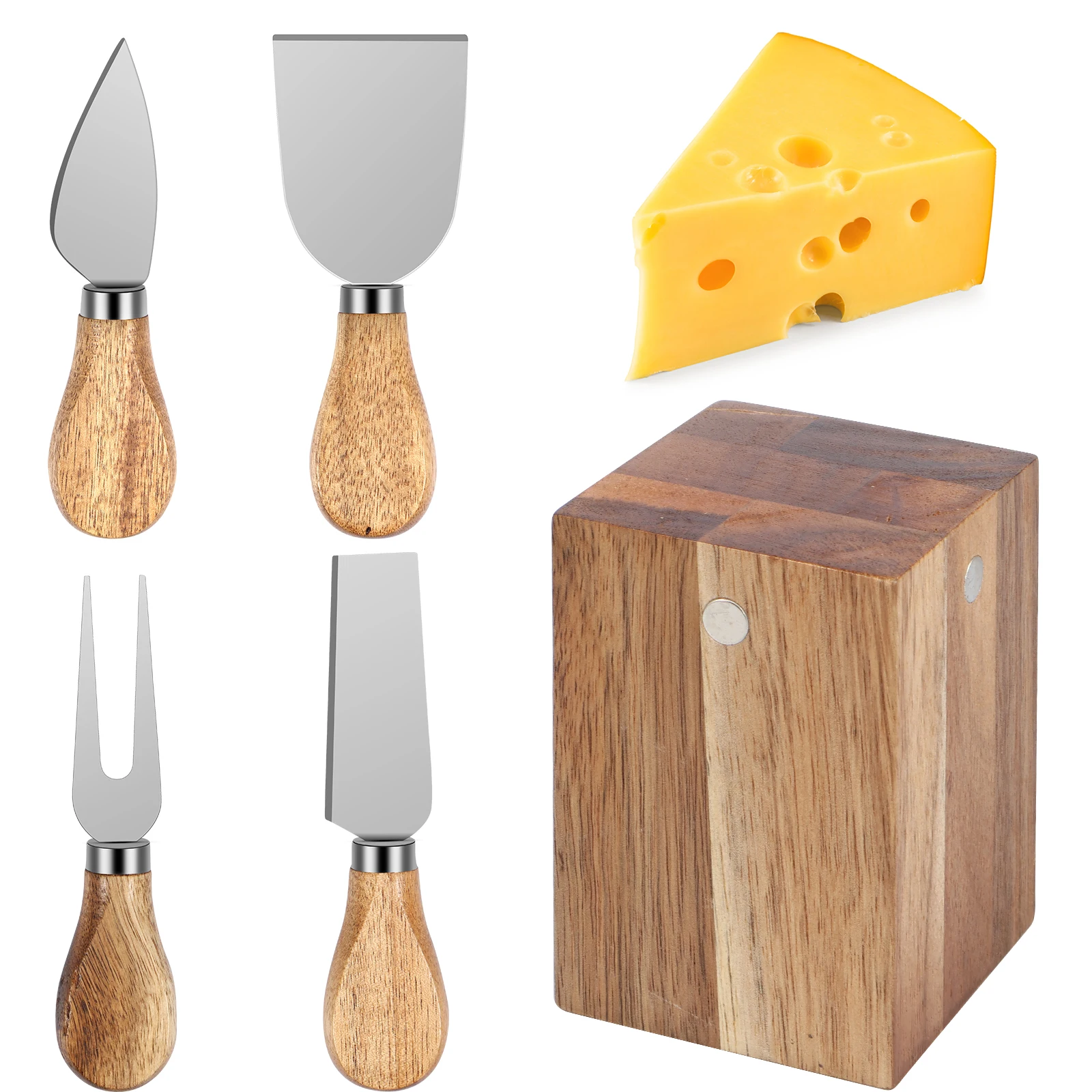 

Cheese Cutter Set 4 Stainless Steel Cheese Cutter Utensils with 1 Magnetic Acacia Wood Holder Charcuterie Board Accessories