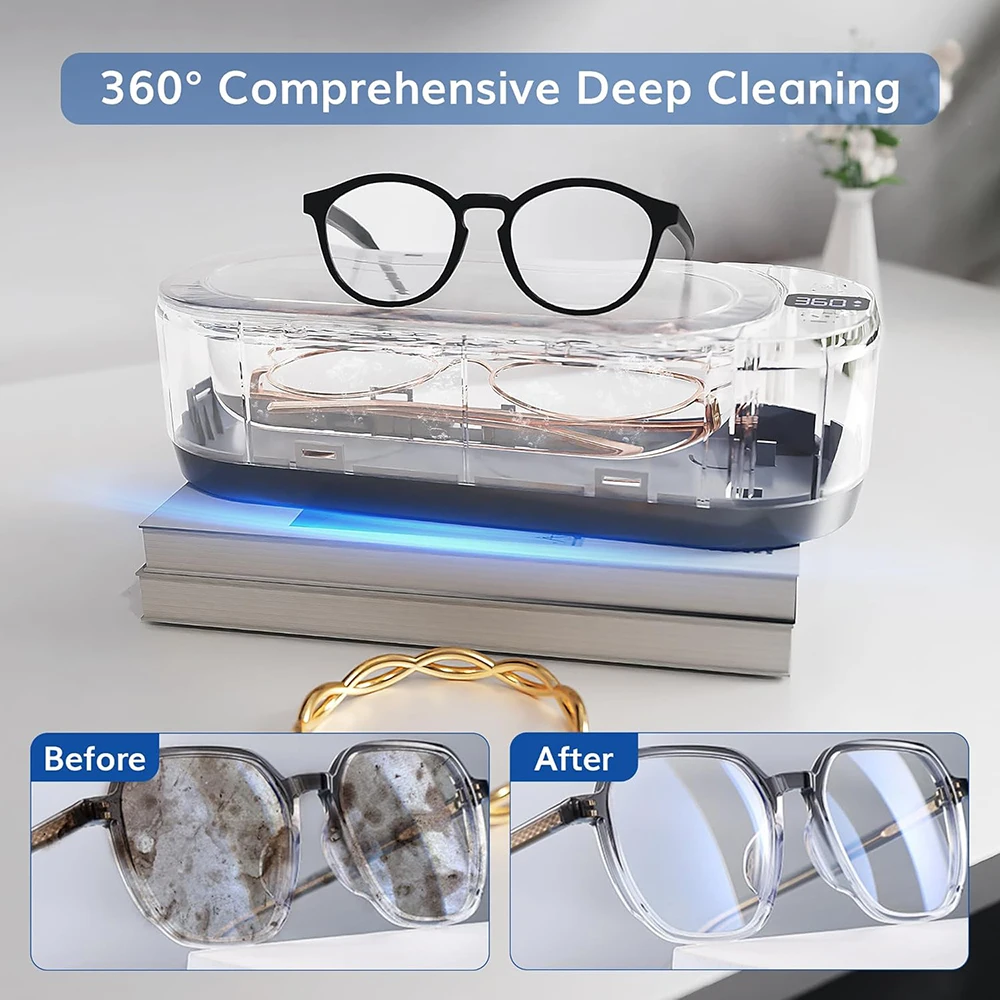 KUNPHY Sonic Jewelry Cleaner 350ML 48KHz Jewelry Cleaning Machine with 3 Cleaning Modes Digital Timer for Glasses Earring Ring