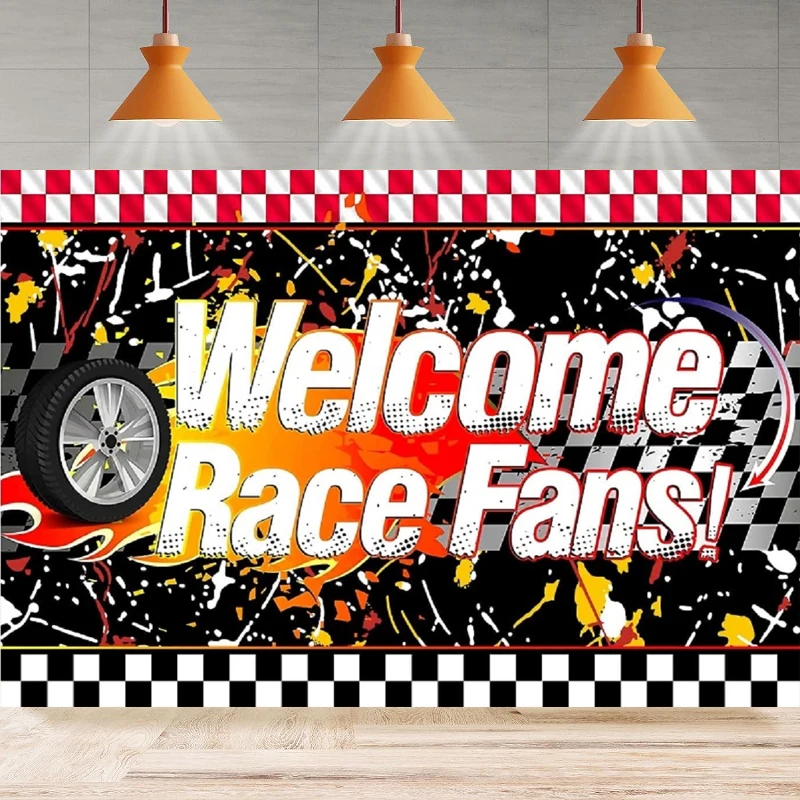 Welcome Race Fans Car Theme Photography Backdrop Racers Celebrate At The Finish Line Background Racing Boy Kids Birthday Party