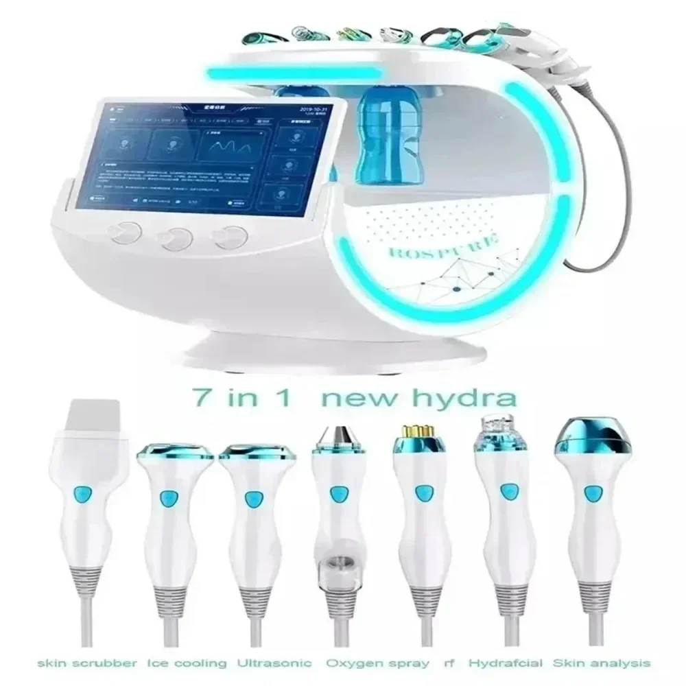 7 in1 Ultrasonic Rejuvenation Ice blue facial oxygen jet hydro water demerbrasion machine skin analyzer rf multi-function beauty