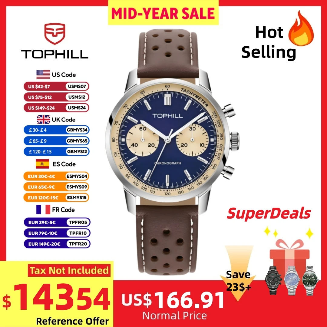 

TOPHILL Vintage Racing Chronograph Men’s Mechanical Watch ST1901 Seagull Movt. Pilot Military Leather Strap Sapphire 5ATM TL027G