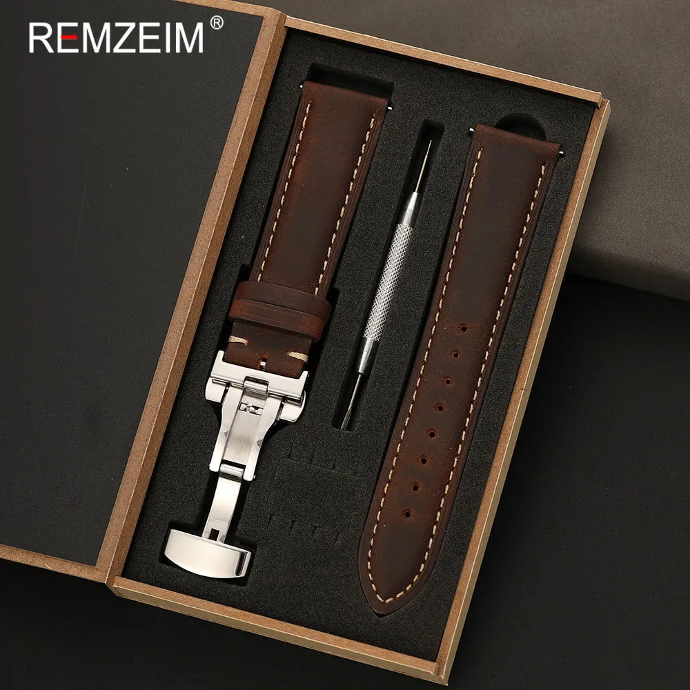 Vintage Herren Crazy Horse Leder Uhrenarmband 18mm 20mm 22mm Schnellverschluss Schmetterlingsverschluss Mit Geschenkbox Ersatz-Uhrenarmband