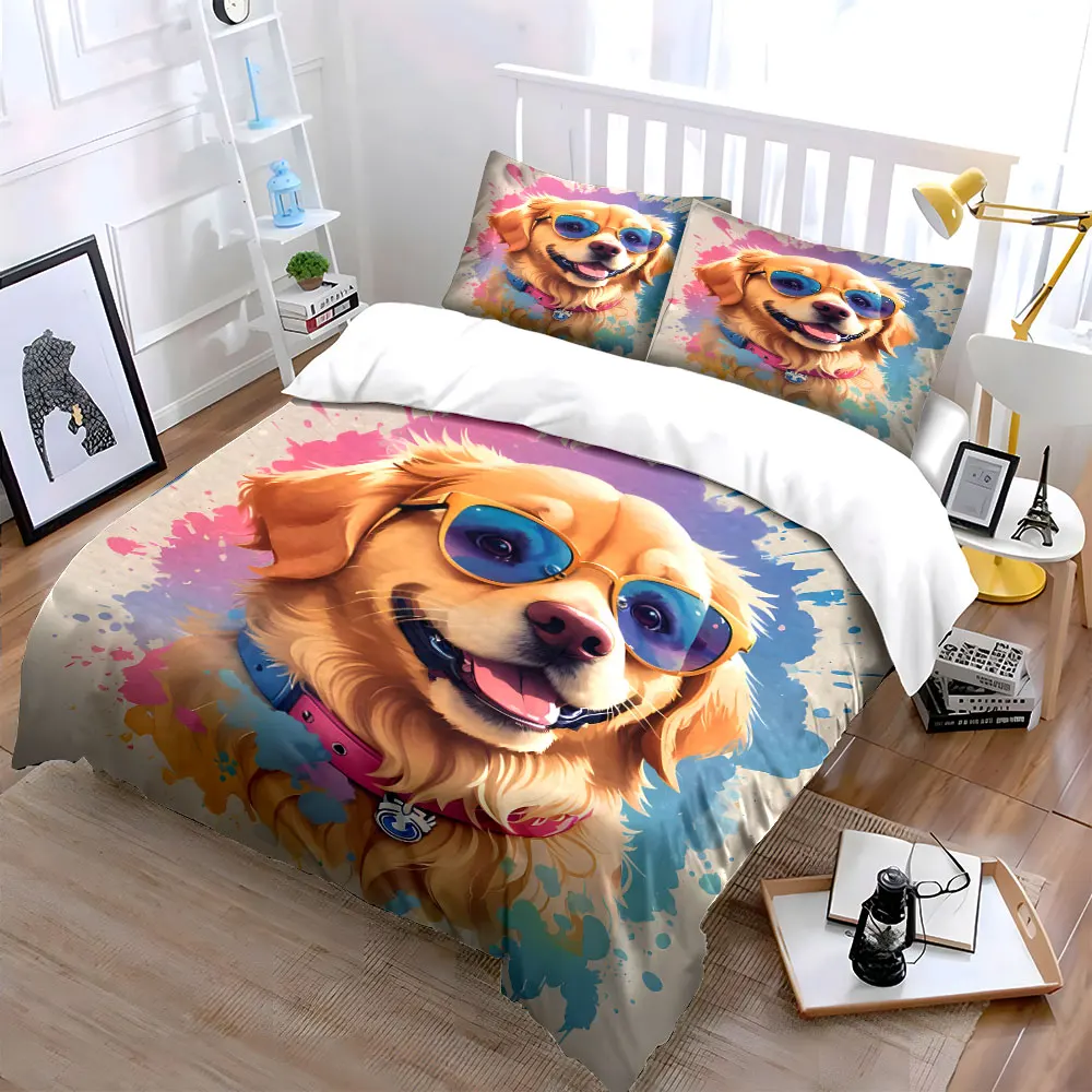 Golden retriever with colorful splashes Duvet Cover Set with 3D Printing Design Soft Polyester Bedding Set All-Season Comfort