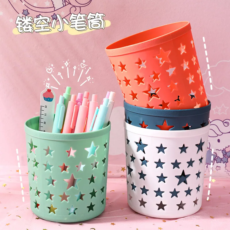 Criativo Hollow Stars Plastic Pen Holder, Pote De Lápis, Recipiente De Armazenamento De Escova, Organizador De Mesa, Papelaria, Material De Escritório