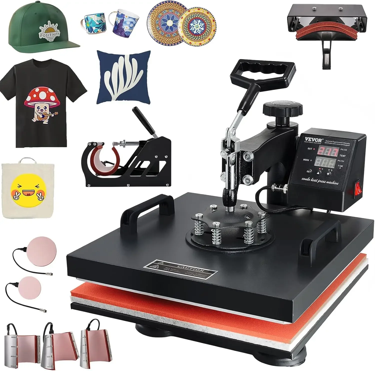 

VEVOR 8 in 1 Heat Press Machine 15x15 Inch 360° Swing Away Digital Tshirt Press Machine with (Tumbler/Hat/Plate) Press