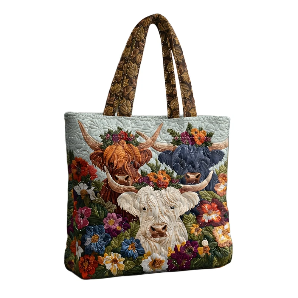 Cute Highland Cow Floral Quilted Tote Bag Farm Animal Print Large Travel Shoulder Bag Durable Reusable Grocery Handbag