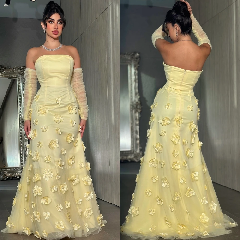 

Customized Elegant Yellow Organza Evening Dress Formal Strapless Sleeveless Celebrity Gown Soft Appliques Zipper Back Prom Dress