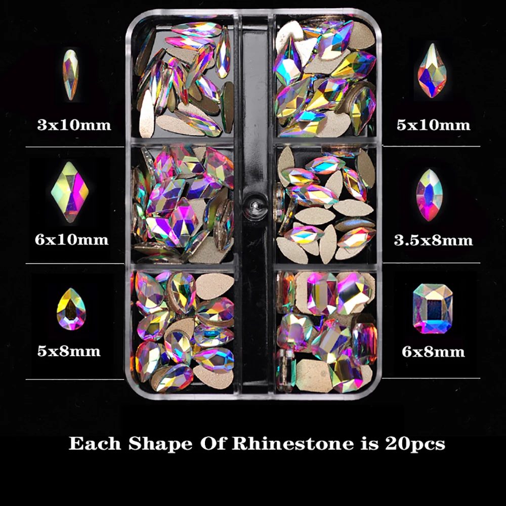 6 Siatki Crystal AB Mieszane kształty Paznokcie Cyrkonie Flatback Szklane diamenty Biżuteria Koraliki do zdobienia paznokci DIY Dekoracja 3D