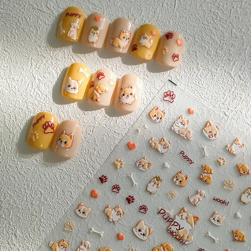 Calcomanías de manicura 3D con estampado de pata de cachorro de dibujos animados, calcomanías suaves en relieve, autoadhesivas, bonitas, para arte de uñas, venta al por mayor