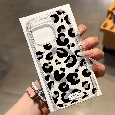 Leopard Print Transparent MagSafe Wireless Charge Cover for Samsung Galaxy S25 S24 S23 S22 S21 Ultra Plus S20 FE A56 A16 Cases