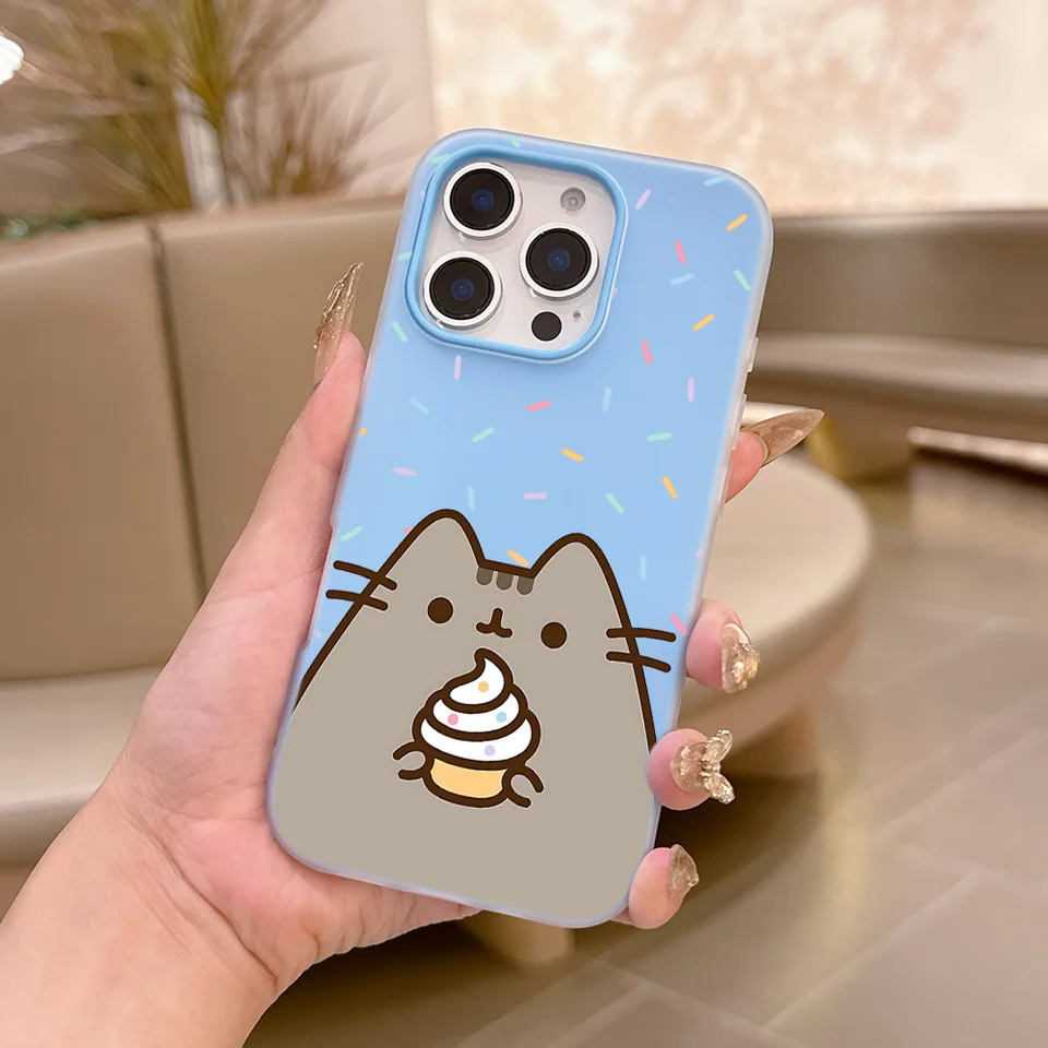 Funda de Silicona Mate 2 en 1 con Gato P-Pusheens para iPhone 17 Air 16e 16 15 14 13 Plus 12 11 Pro X XR Max 5